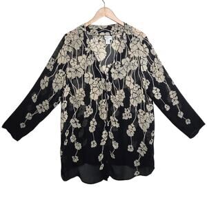 Vtg Paradise NY Sheer Floral Black Beige Button Blouse Womens Plus SZ 2X 90s‎